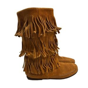Minnetonka Fringe Suede Boots Tan Brown Moccasin Style Size 10